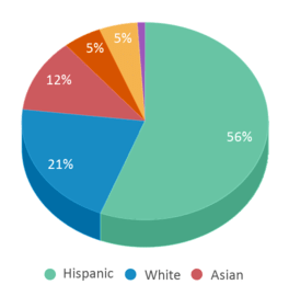 This chart displays the percentage breakdown of public school students of all ethnic groups in California.