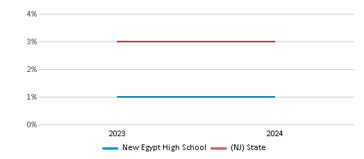 This chart presents a comparison of the percentage of students who identify as two or more races at New Egypt High School, versus the percentage of public school students who identify as two or more races in the Plumsted Township School District and in New Jersey, utilizing data collected over several years with the most recent figures pertaining to the 2023-24 school year.